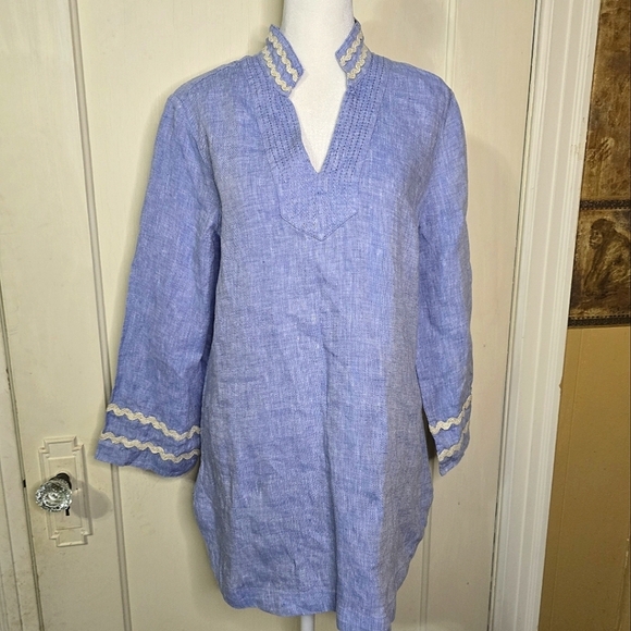 Chicos Linen Embrioderd Tunic Top Blue with White Accents Size 0.5 (6) - Picture 4 of 10
